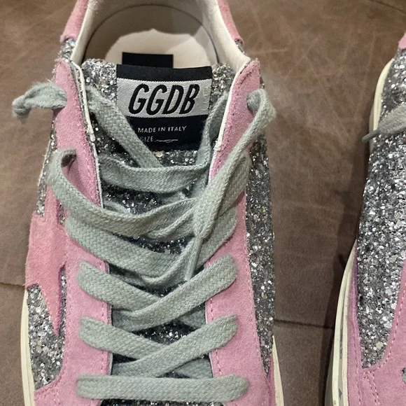 Golden goose silver sparkle sneakers with pink shade stars size 10 pre owned